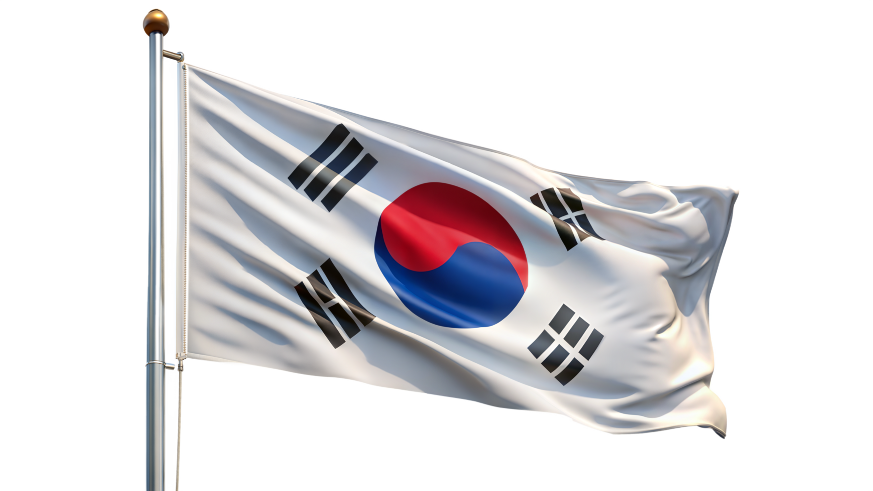 South Korean Flag on Flagpole on Transparent Background png