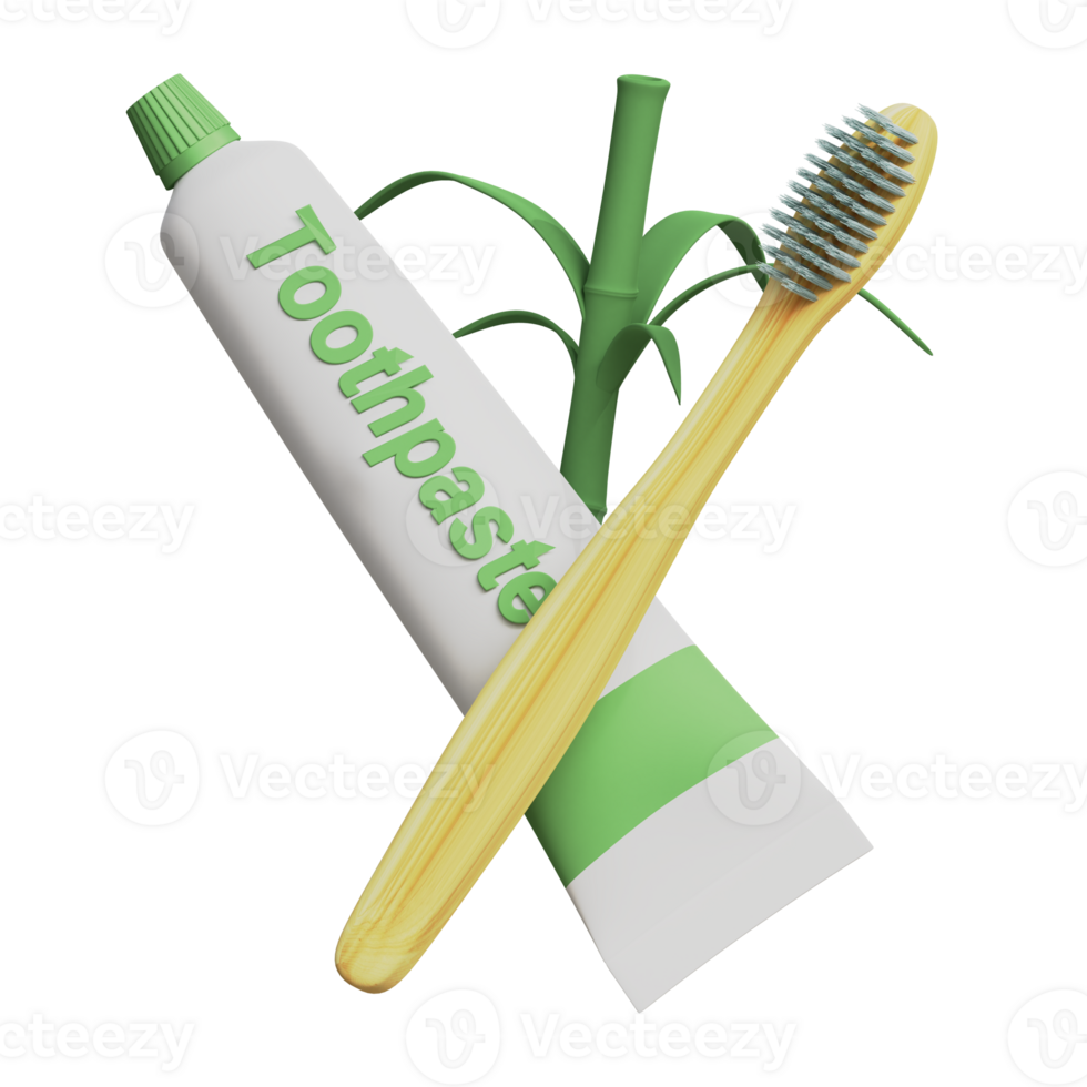 Composition of natural bamboo toothbrush with toothpaste 3d rendered illustration. Environmental friendly concept design png