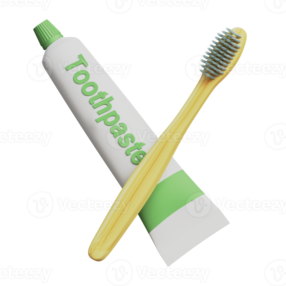Composition of natural bamboo toothbrush with toothpaste 3d rendered illustration. Environmental friendly concept design png