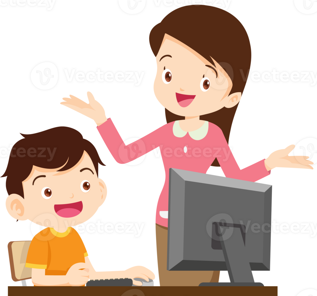 happy teacher and student learning computer png