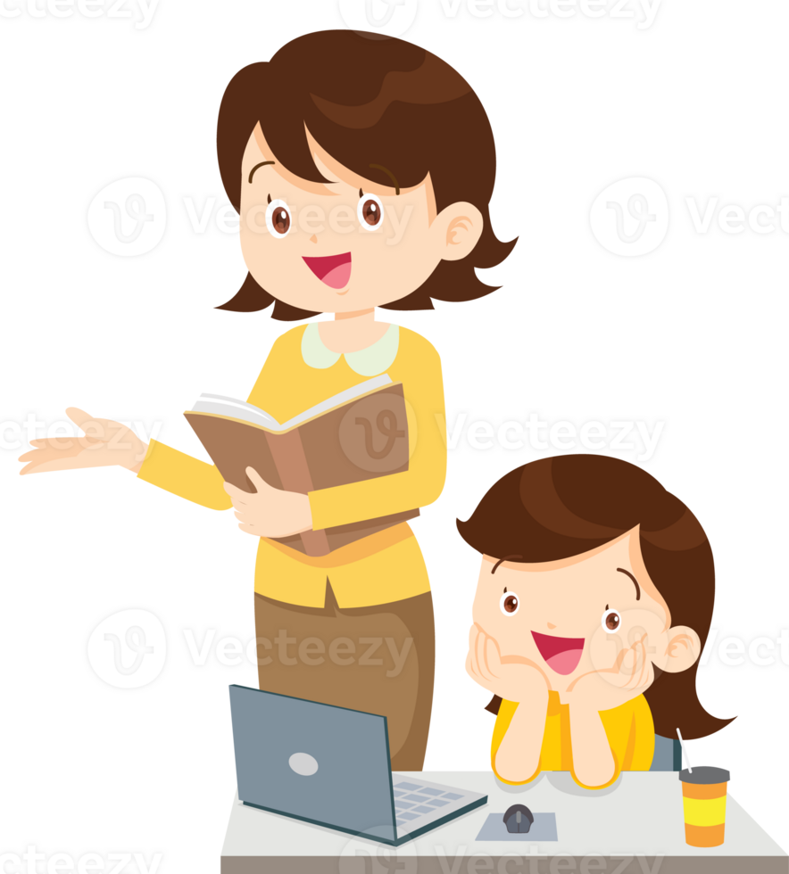 happy teacher and student learning computer png