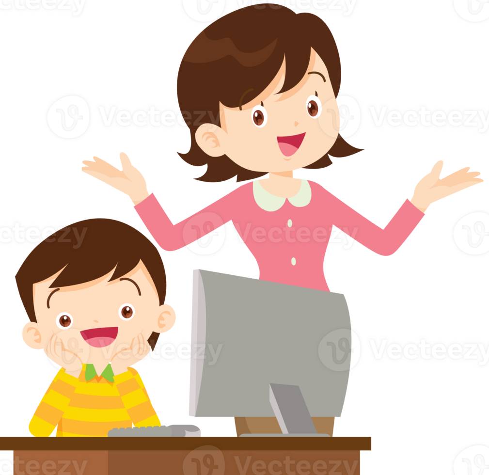 happy teacher and student learning computer png