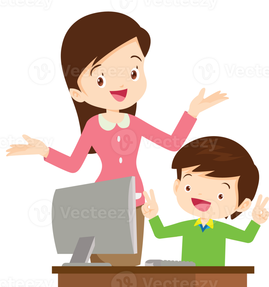 happy teacher and student learning computer png