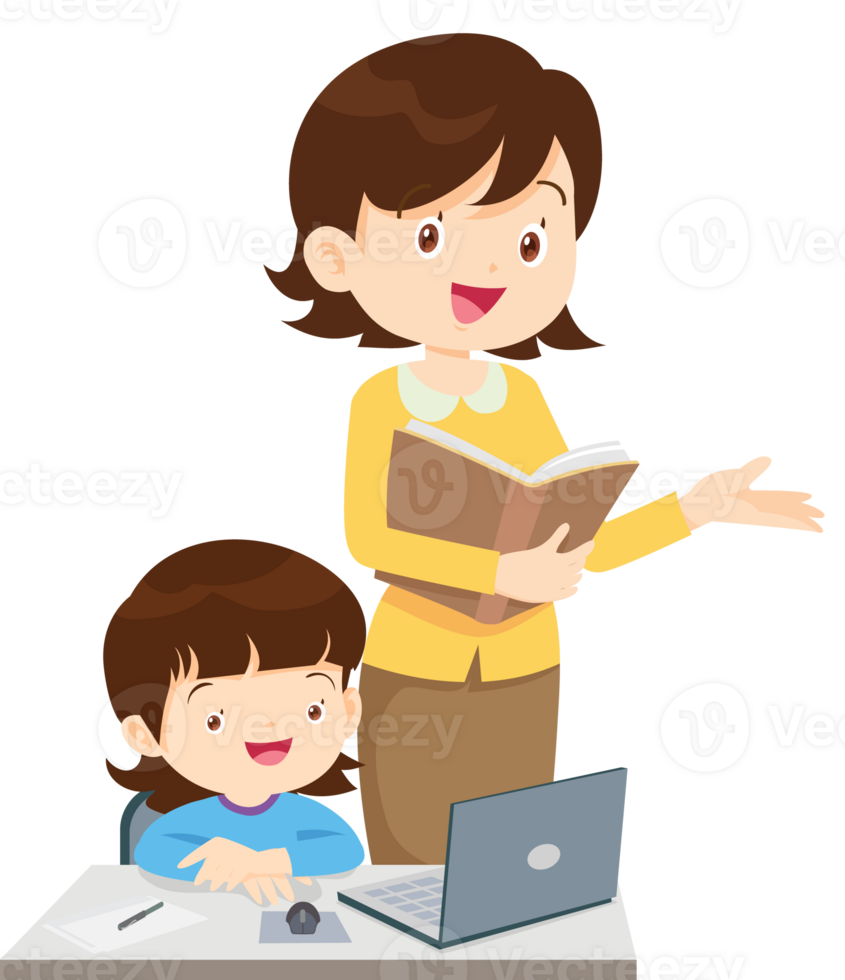 happy teacher and student learning computer png