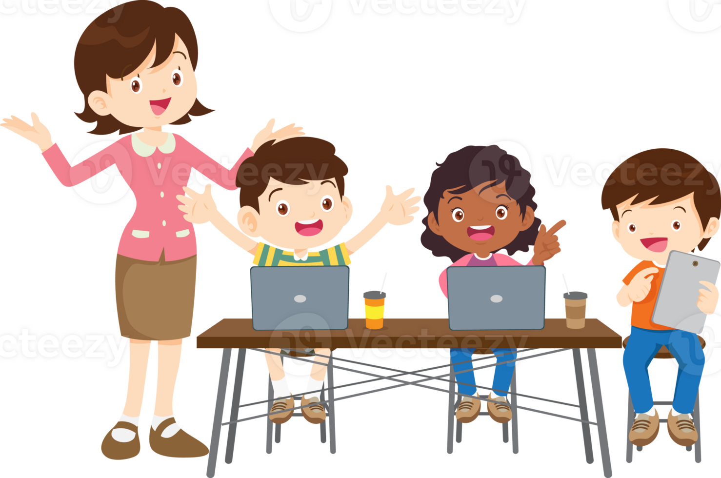 happy teacher and student learning computer png