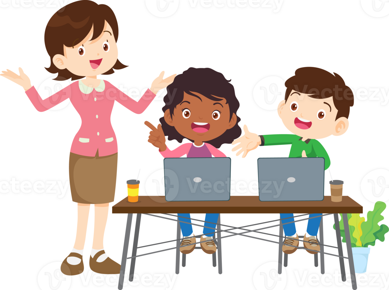 happy teacher and student learning computer png