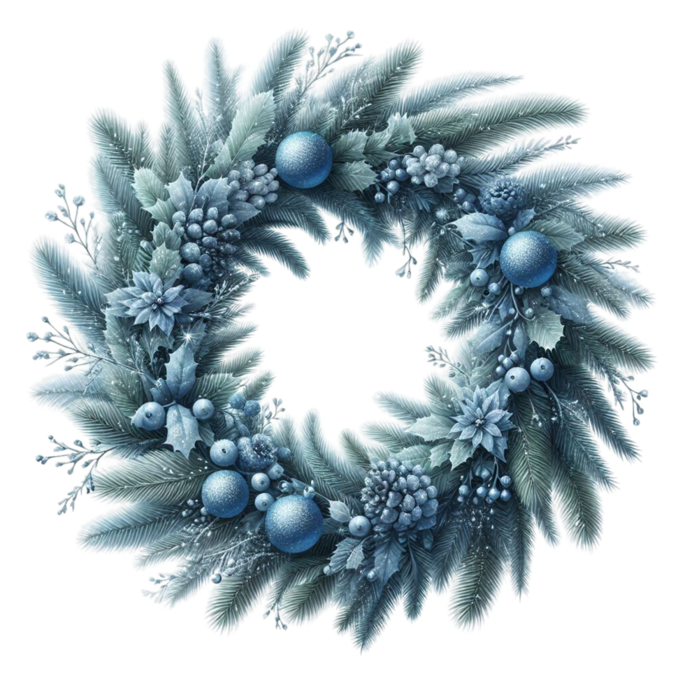 a wreath of blue and silver ornaments on a transparent background png