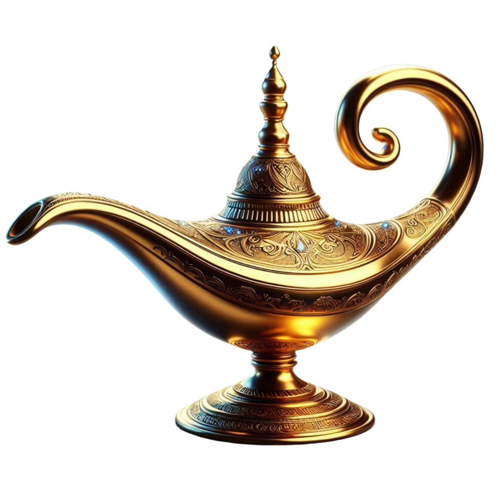 an old gold genie lamp on a transparent background png