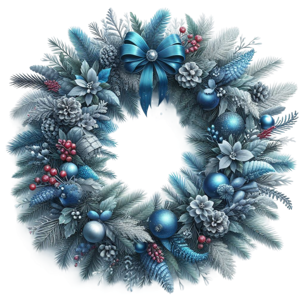christmas wreath with blue and red decorations on a transparent background png