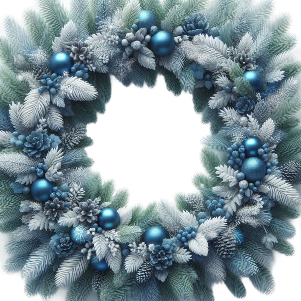 a wreath of blue and silver fir branches and ornaments png