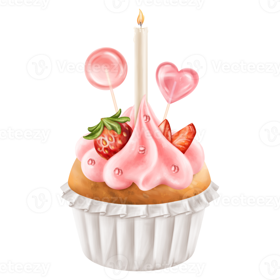 Cupcake with whipped cream, strawberries and lollipops. Berry muffin with filling and candles. Festive pastries for the party, delicious dessert in the pastry shop. Digital isolated illustration png