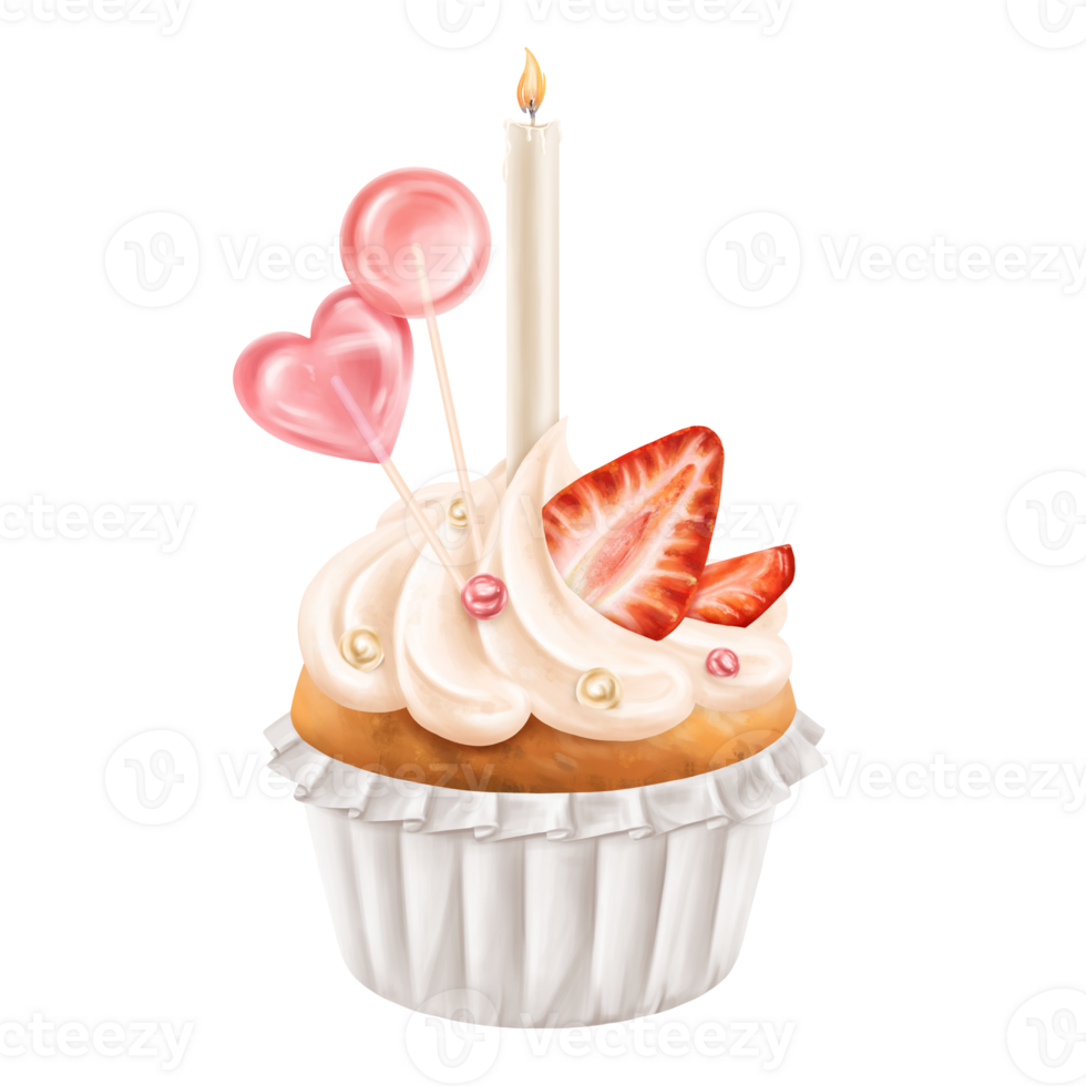 Cupcake with whipped cream, strawberries and lollipops. Berry muffin with filling and candles. Festive pastries for the party, delicious dessert in the pastry shop. Digital isolated illustration png