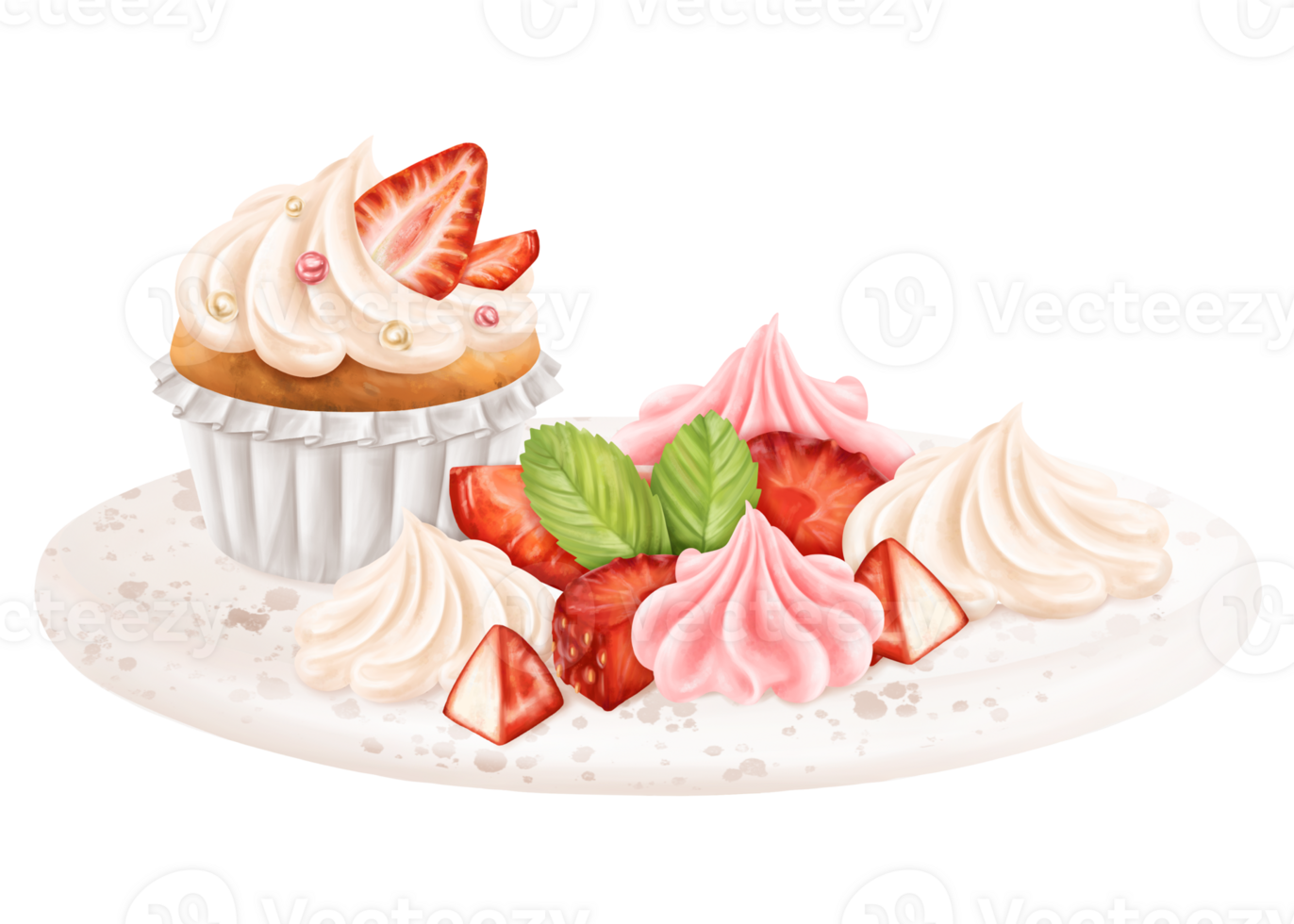 A composition of cupcake, strawberry slices, marshmallows, meringue on dessert serving platter. Berry confectionery sweets. Festive food for parties, table decoration. Digital isolated illustration png