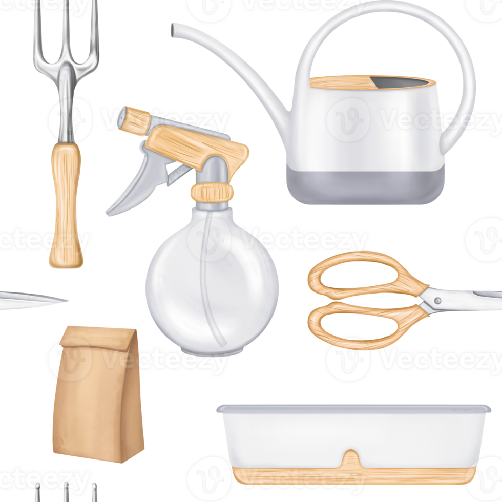 A seamless pattern of garden tools rakes, watering cans, pots and scissors. Tools for a florist to work with plants and soil in greenhouses. Harvesting on the farm. Digital isolated illustration png