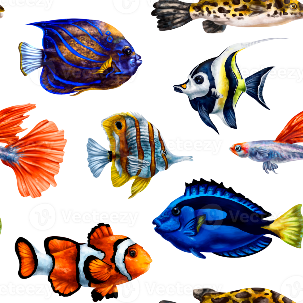 Seamless pattern with bright tropical colorful fish. Marine underwater life, travel, diving and snorkeling are exotic places. Illustrations for textiles, banners, wrapping paper, wallpaper png
