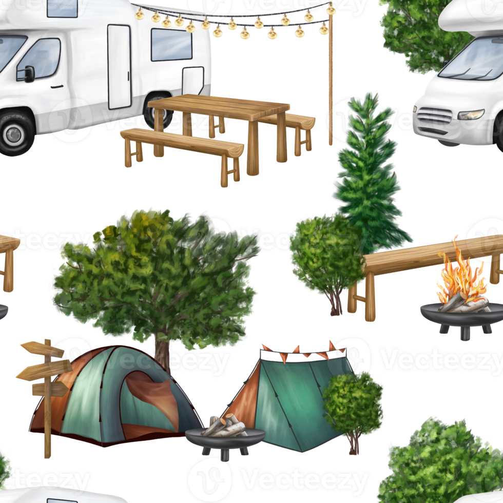 Seamless pattern with campground, wooden picnic table, white motorhome and campfire in forest among fir trees. A tourist trip to nature, parks and nature reserves. Isolated illustration png