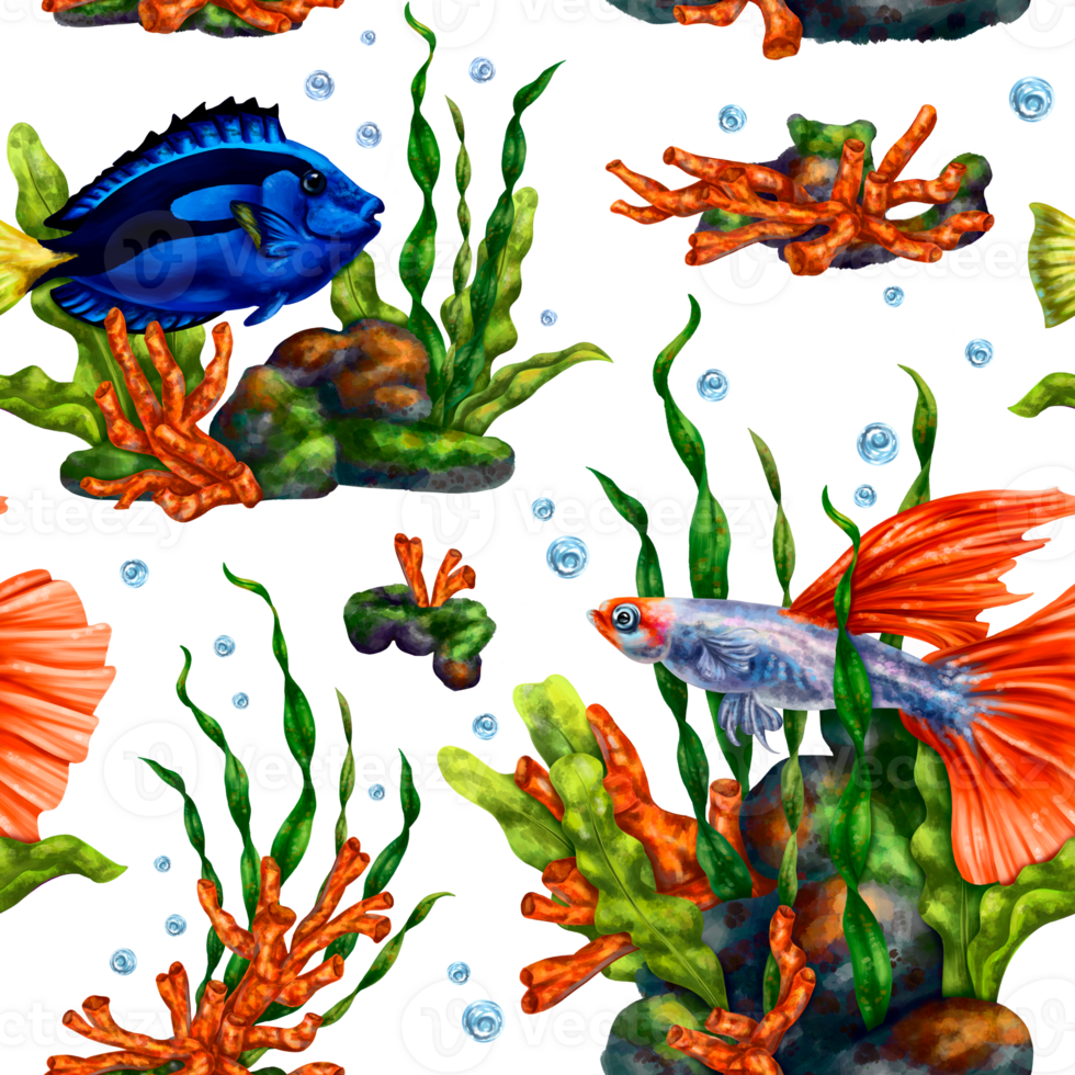 Seamless pattern with bright tropical colorful fish, algae, corals and bubbles. Marine underwater life, travel, diving, exotic places. Illustrations for textiles, banners, wrapping paper, wallpaper png