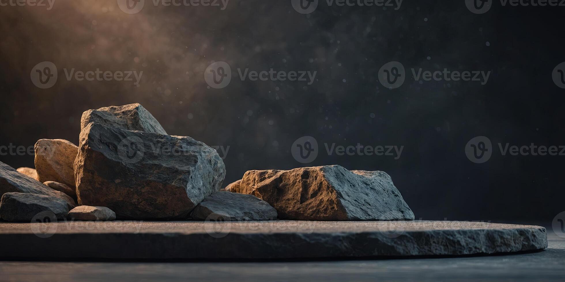 Minimalist podium display for product showcase or presentation with rock and light. photo