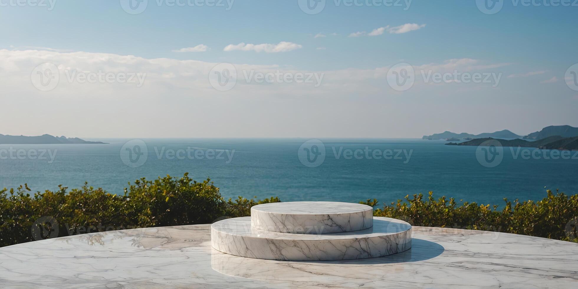 White marble podium with sea view on background. photo
