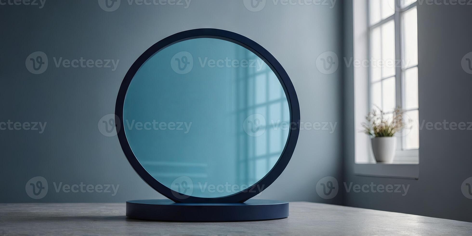 Minimalist blue round product display stand, copy space. photo