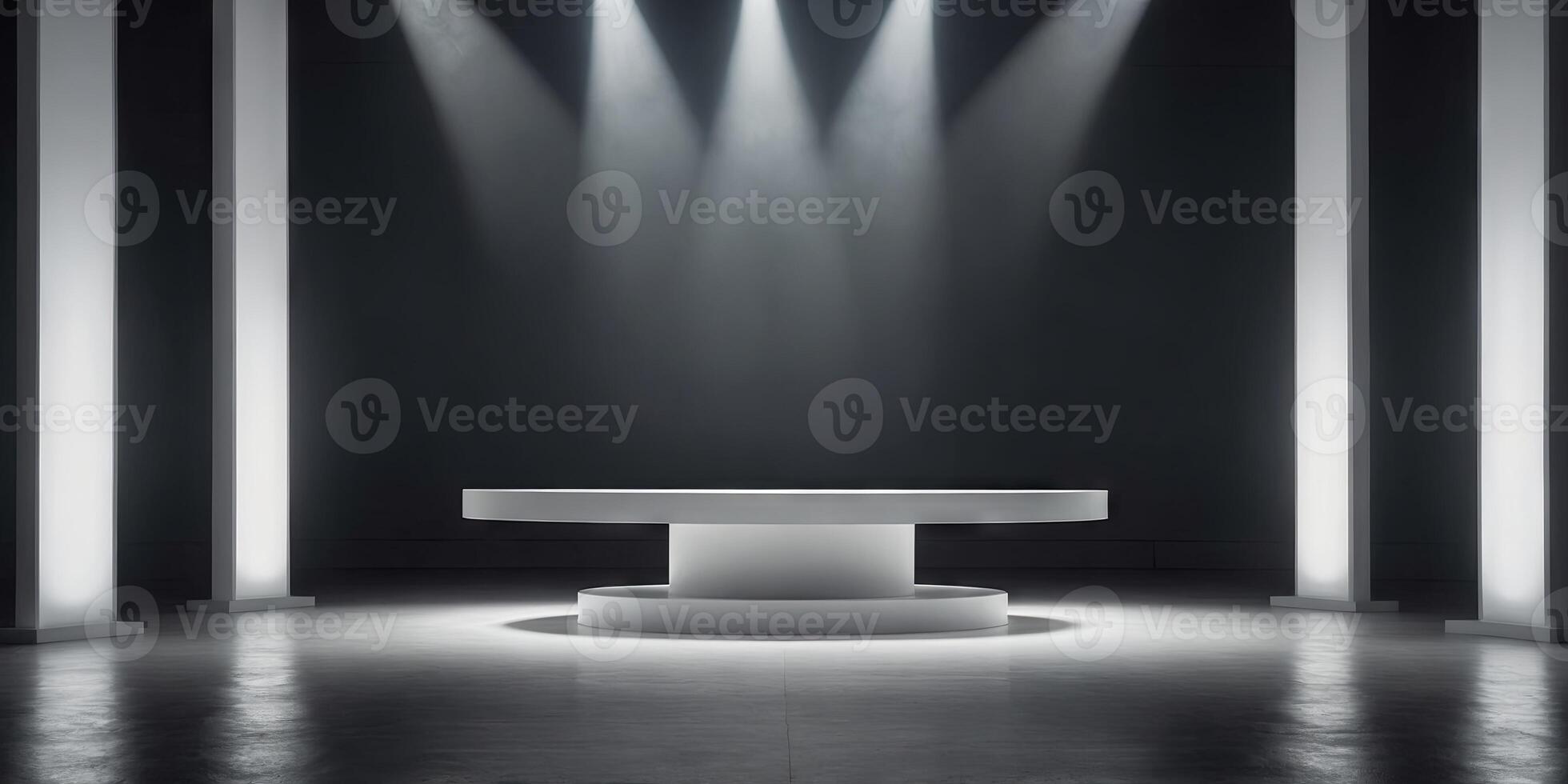 White colored podium, dias, or pillar in the center of an empty room under a spotlight, for product display or exhibition. photo