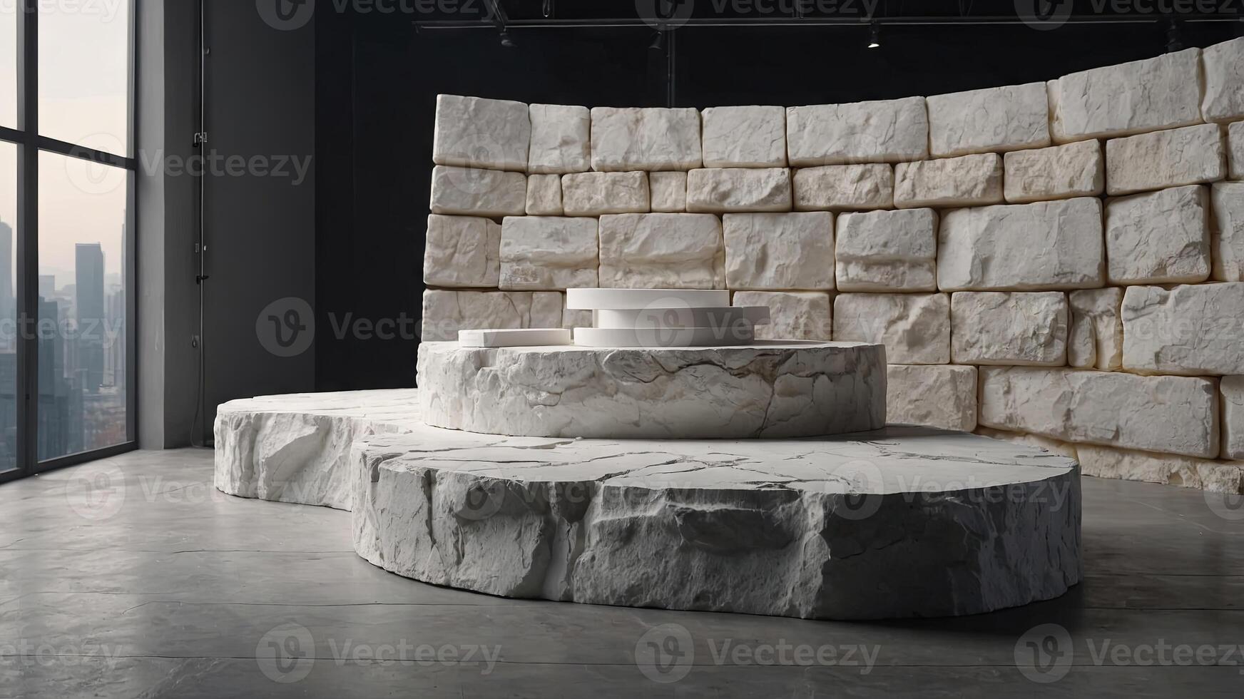 White pieces of stone slabs forming a product podium for product display Mock-up for exhibitions or presentation of cosmetic products or packaging. . photo