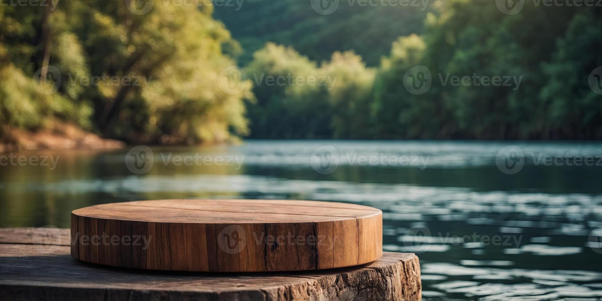 Modern wood podium with river background for presentation product. photo