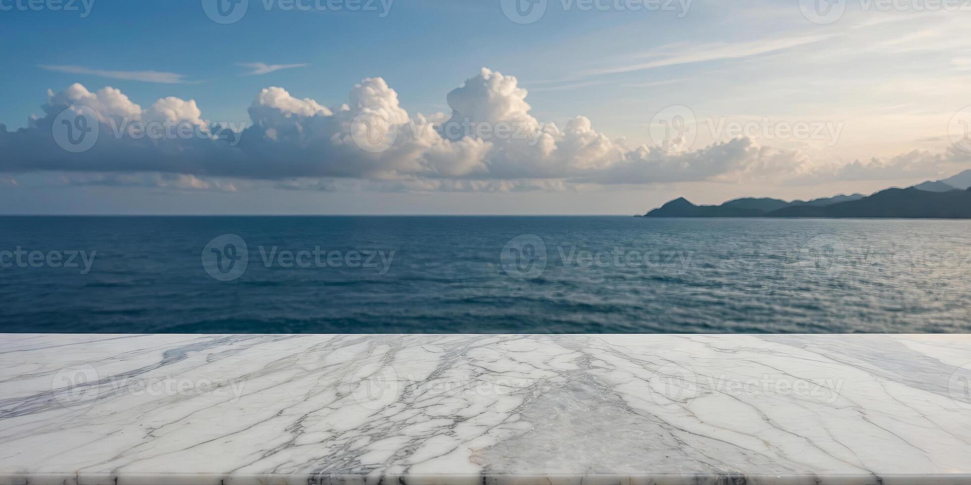 White marble table with sky and sea background for product display. photo