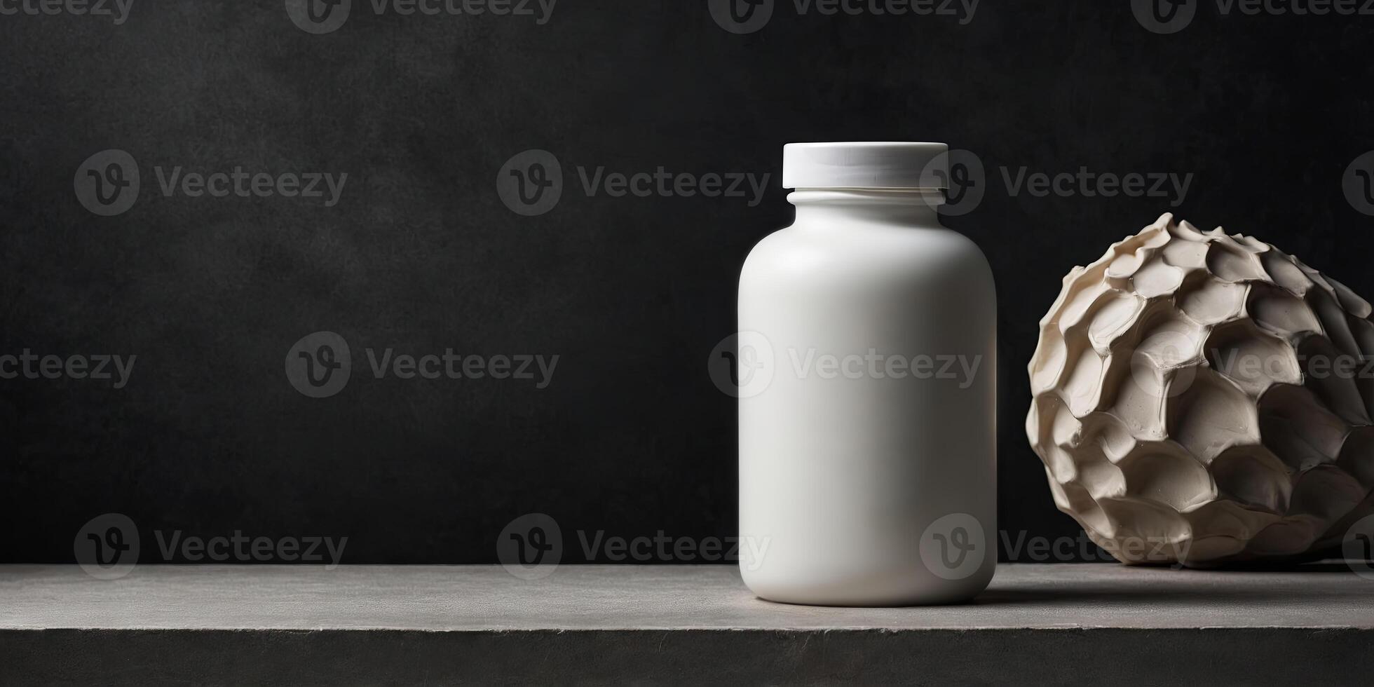 White product bottle on a shelf, organic sculpting style, dark shadows, minimal retouching, illustration background. photo