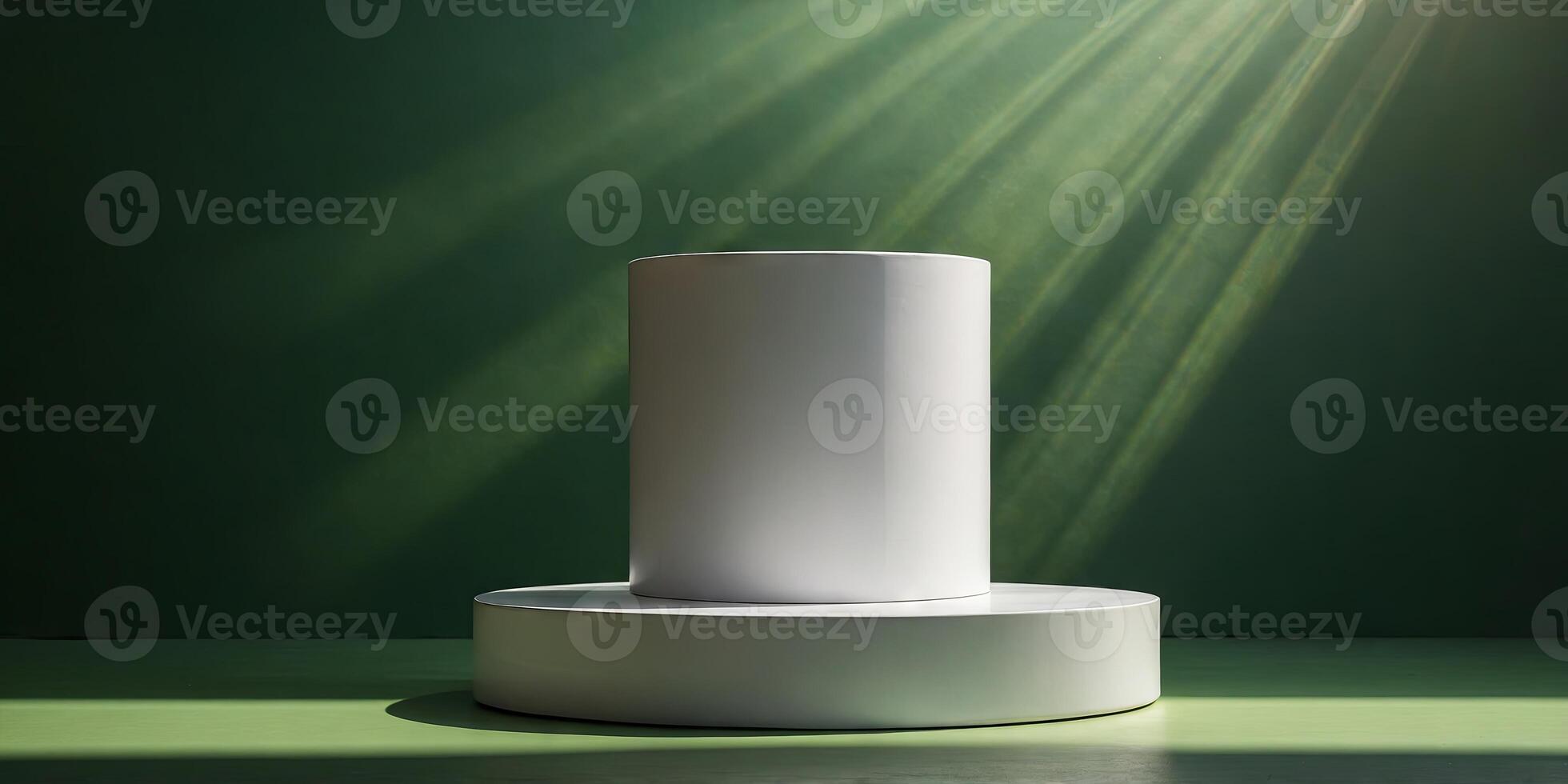 White cylinder podium displaying on green background with sunlight shadow for showcasing product. photo
