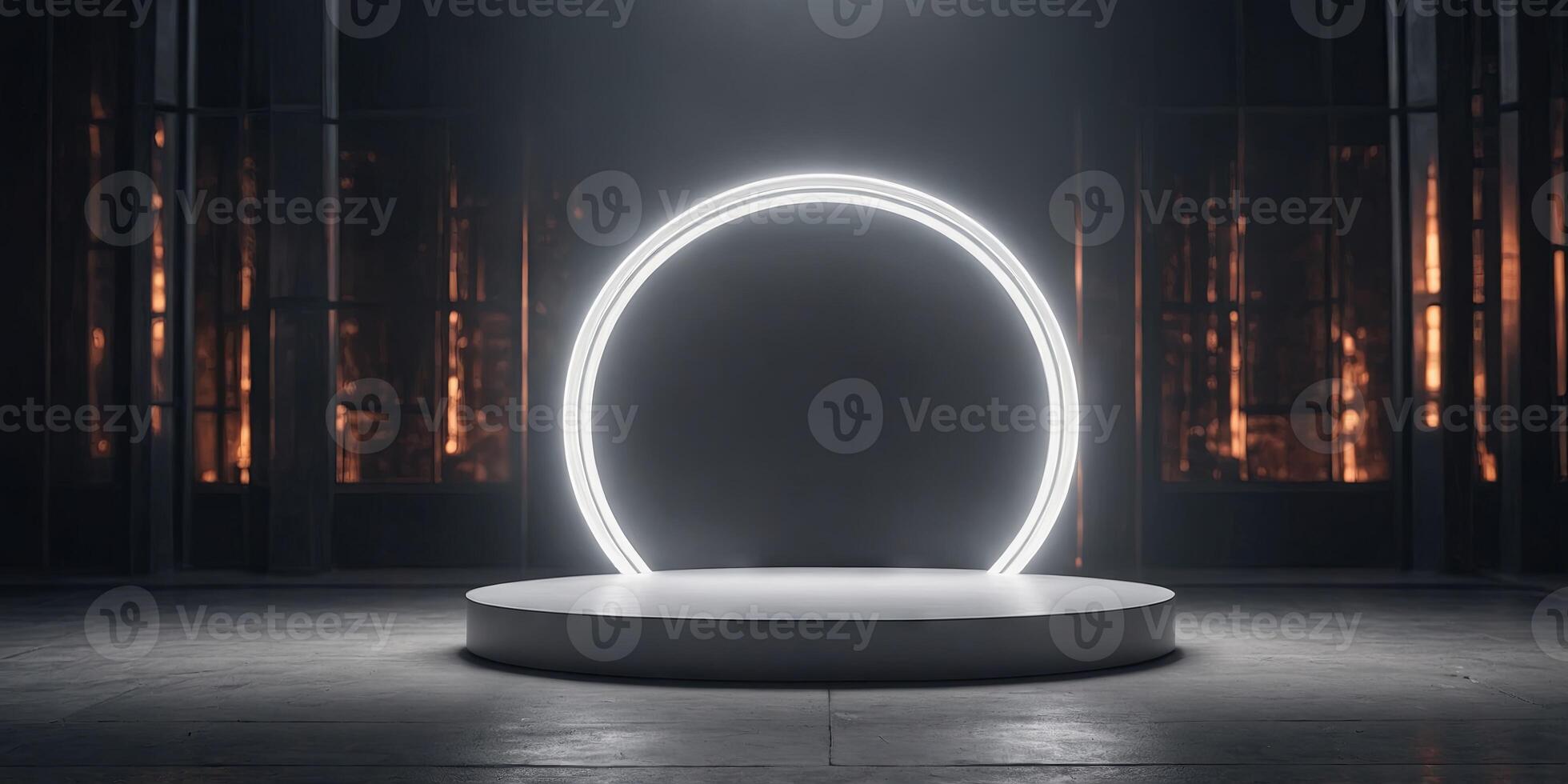 White neon display platform, round product showcase stage with smoky hazy mist background for mockup, template, design. photo