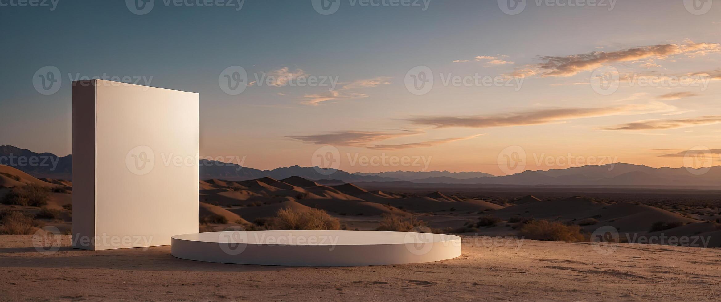 Minimal scene mockup with product podium, with dusk sky desert background, promotion, cosmetic product exhibition. photo