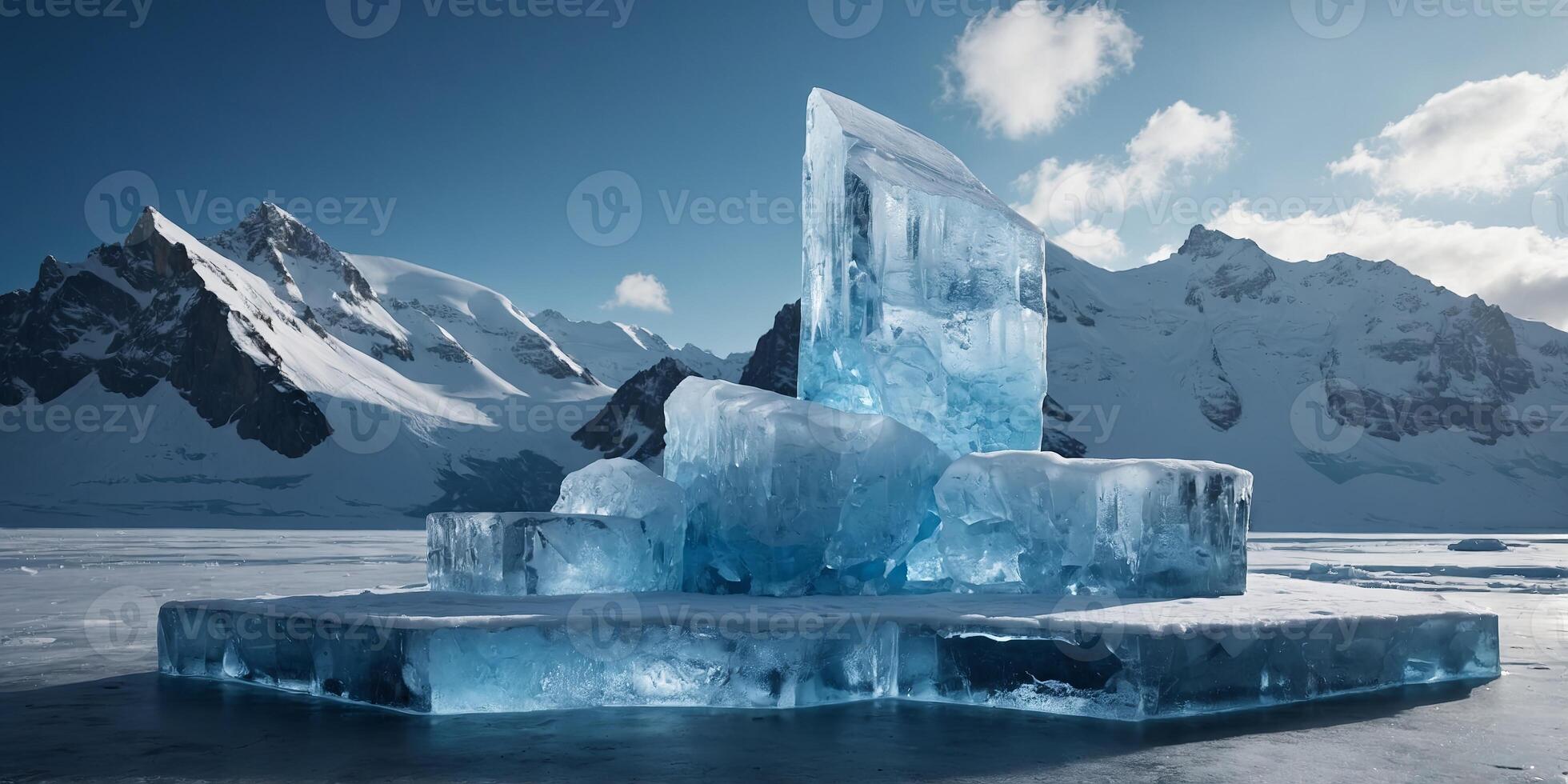 Empty ice podium winter stage, refreshing snow and cold, product demonstration platform, cold iceberg pedestal. . photo