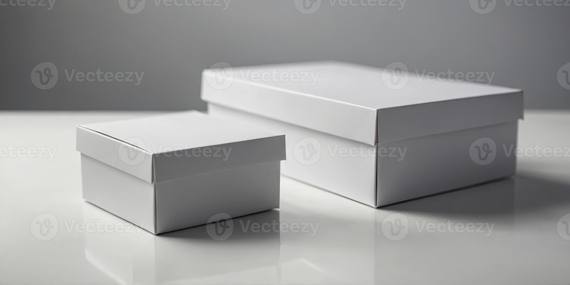Three empty white boxes on a white surface Suitable for product display. photo