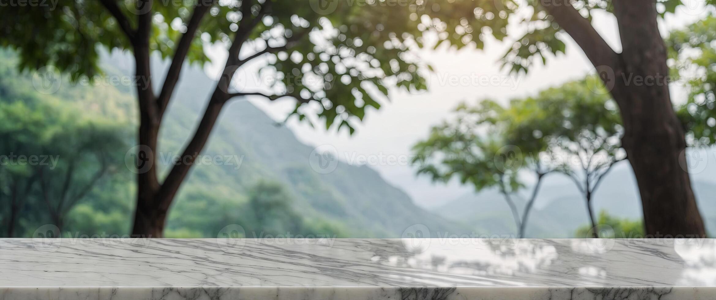 White marble table with nature background for product display. photo