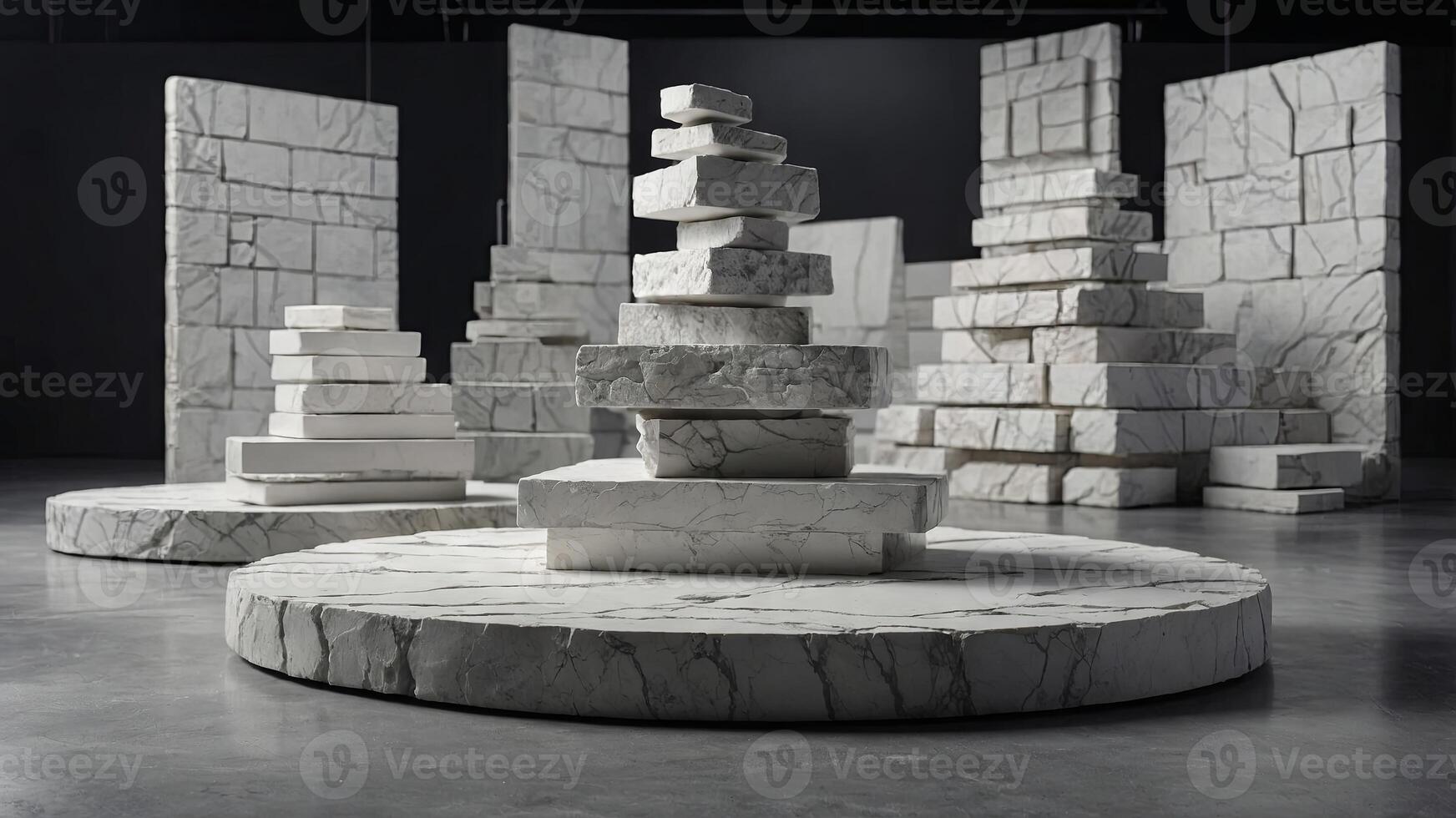 White pieces of stone slabs forming a product podium for product display Mock-up for exhibitions or presentation of cosmetic products or packaging. . photo