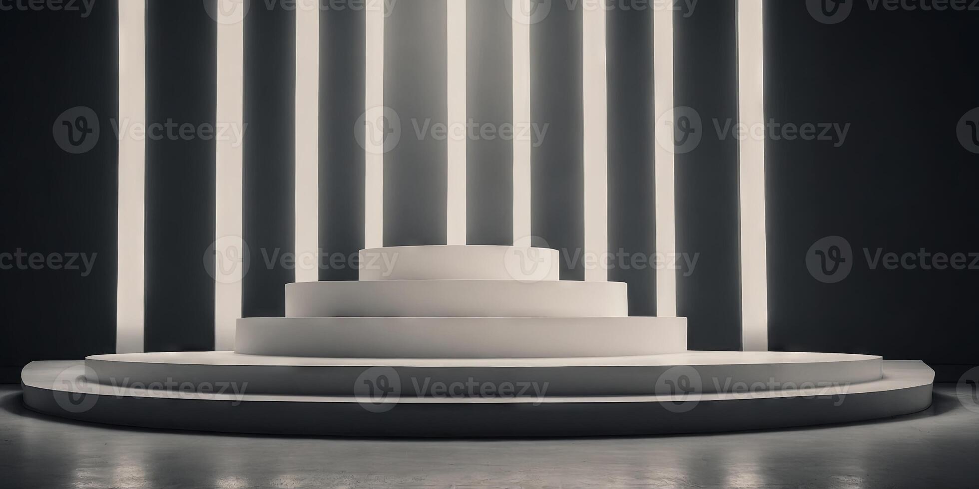 White colored podium, dias, or pillar in the center of an empty room under a spotlight, for product display or exhibition. photo