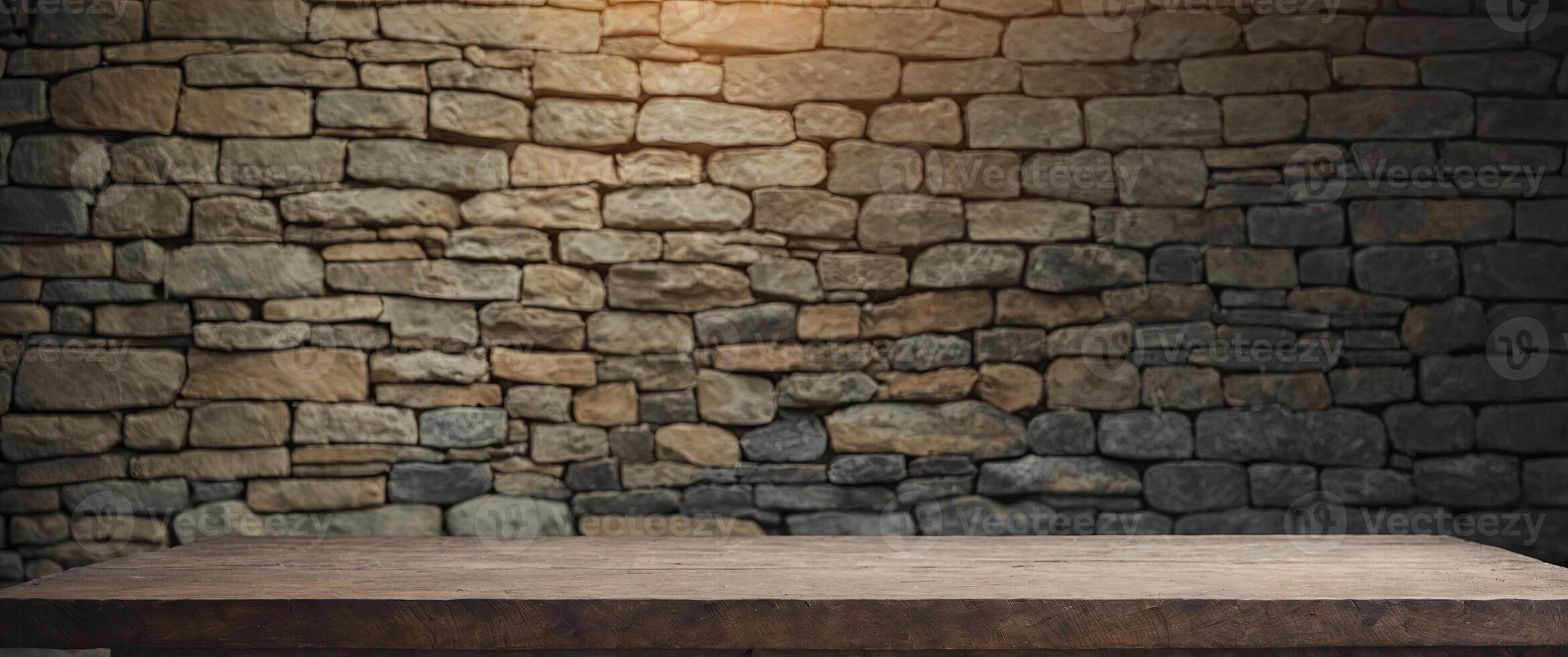 Utilize ancient stone wall and empty table for product display montage. photo
