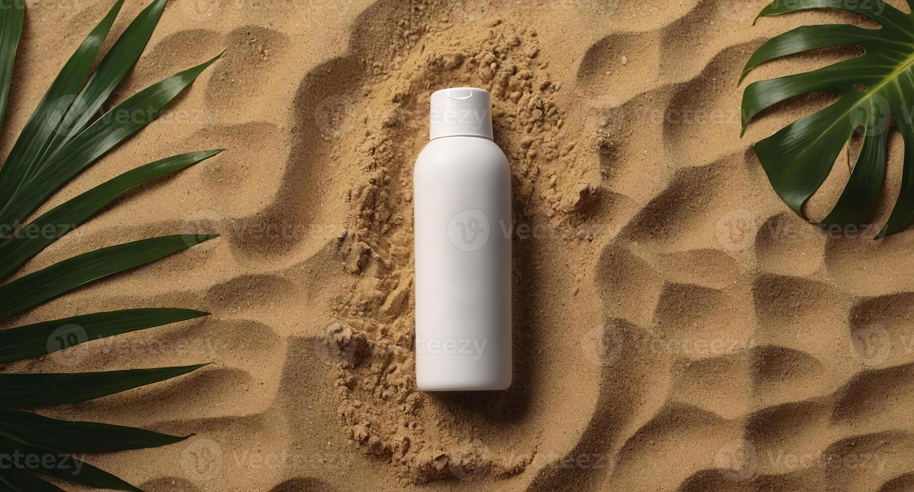 Top view Mock up bottle of sunscreen with tropical leaves on sand beach. photo