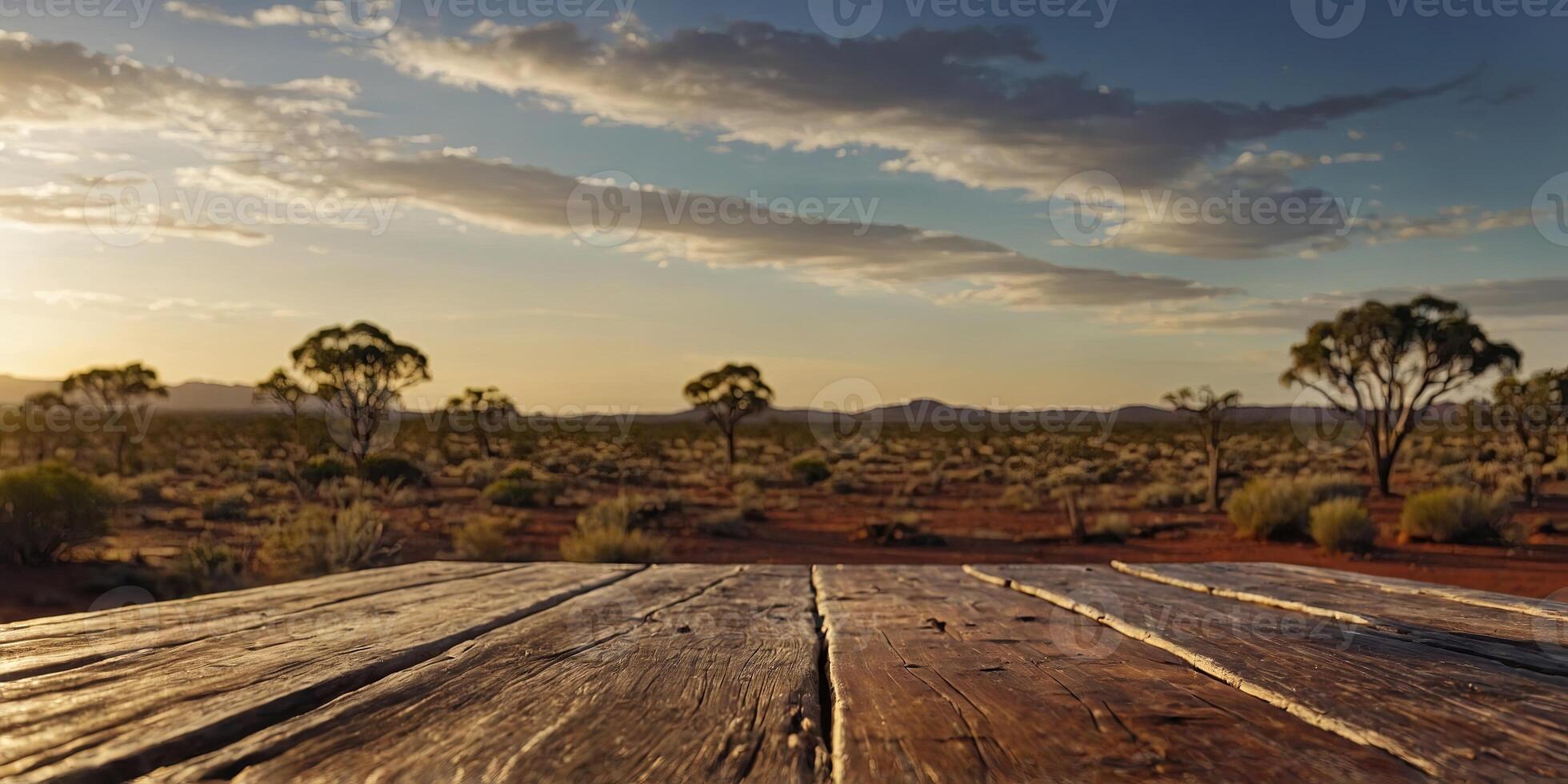 The empty wooden table top with blur background of Australian outback Exuberant image. . photo