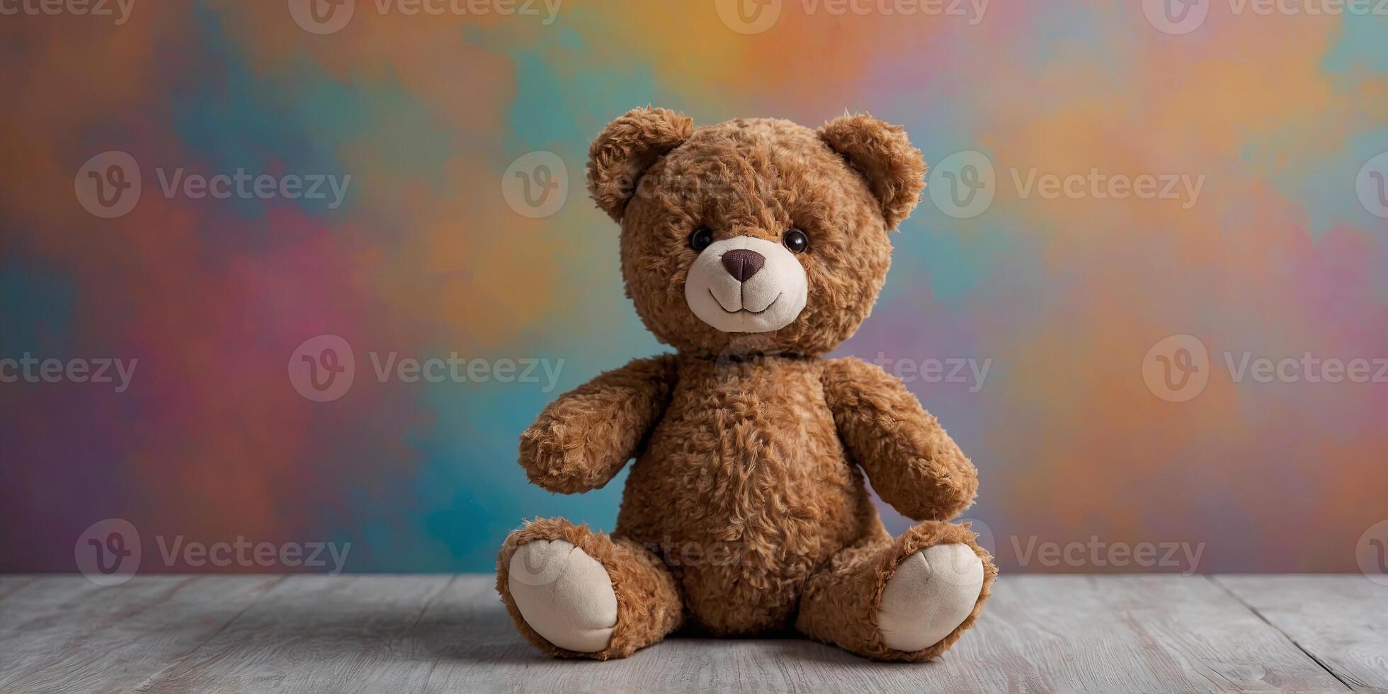 Top view of a charming teddy bear positioned on a colorful background presenting ample copy space for images. photo