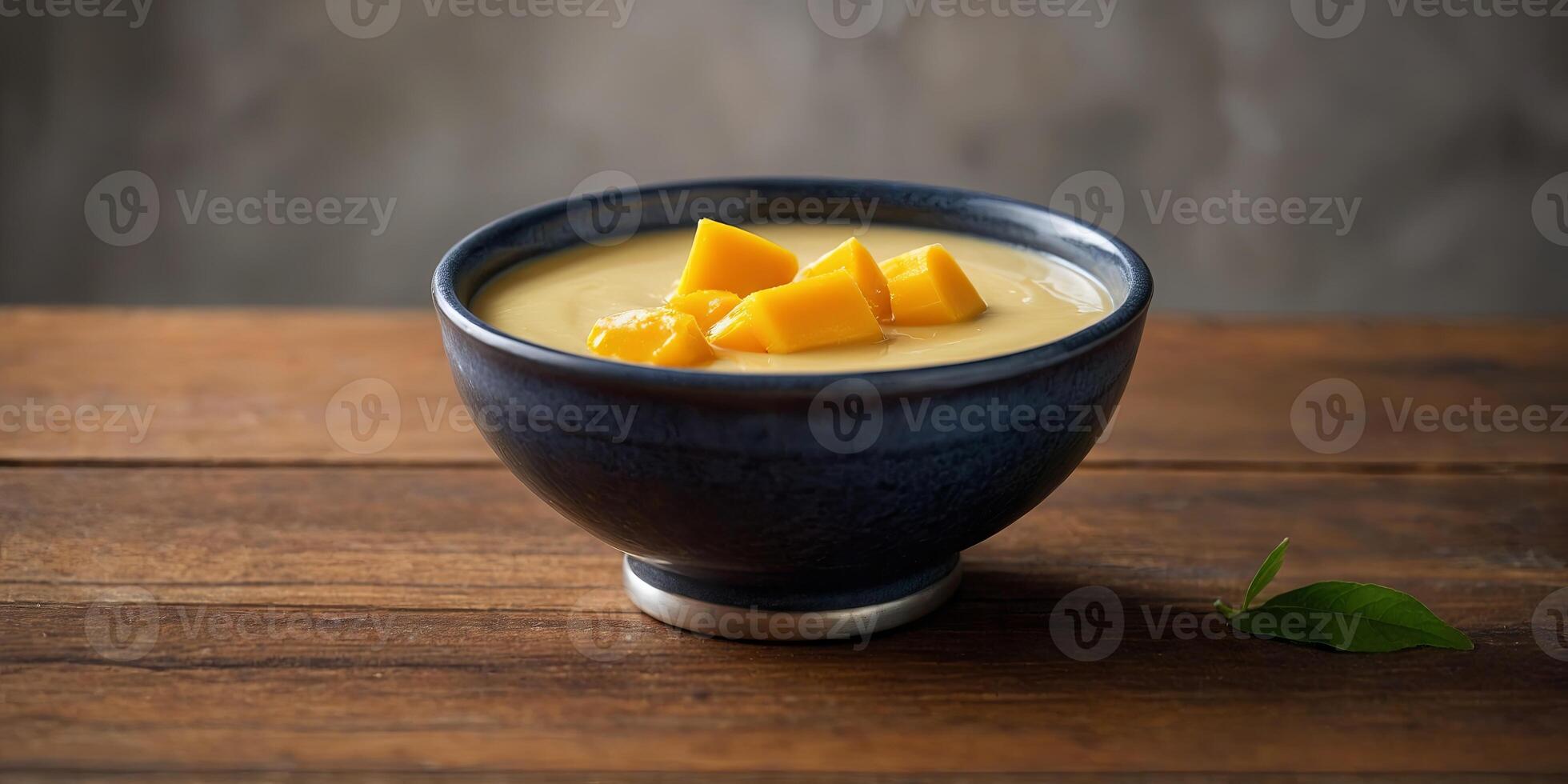 Savor the sweetness of Mango Pudding elegantly presented on a wooden table An enticing image for culinary projects and dessert themed designs. photo