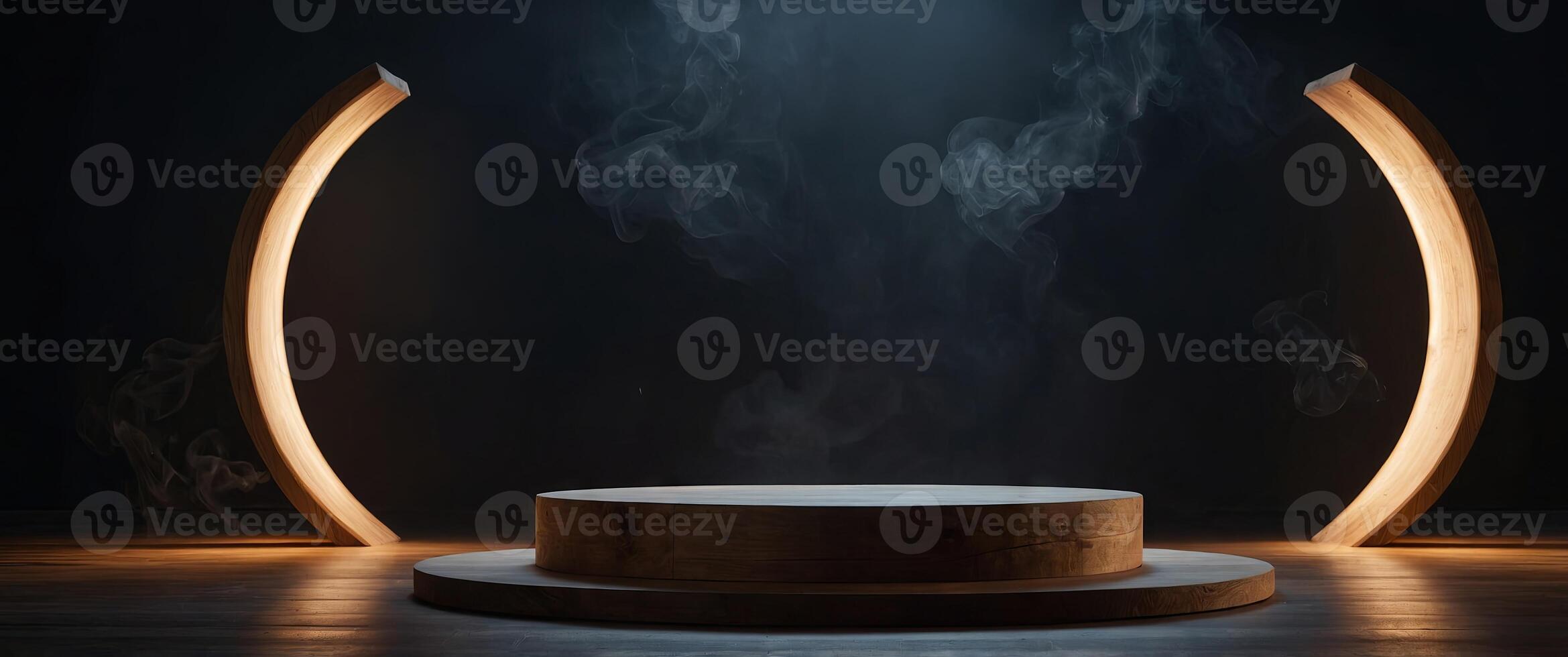 The empty wooden cylinder shape of product display Podium, Stand for showing or design blank backdrop dark abstract wall with smoke float up Platform illuminated by spotlights. photo