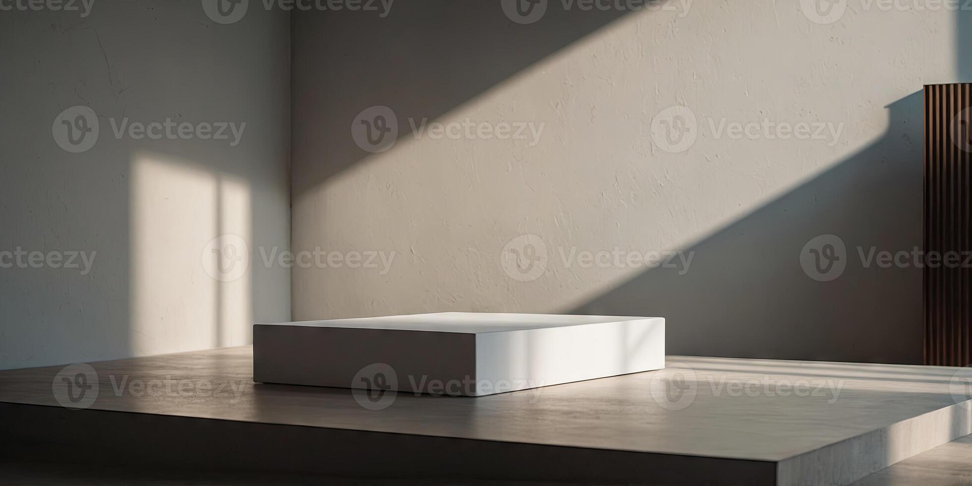 A podium for presenting with a white square and shadow on the wall Mockup image. photo