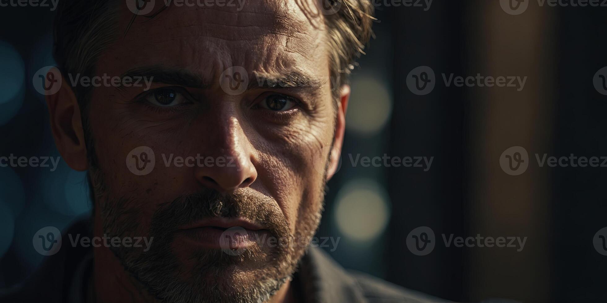 A man's face with a dark eye and a shadow on his cheek. photo