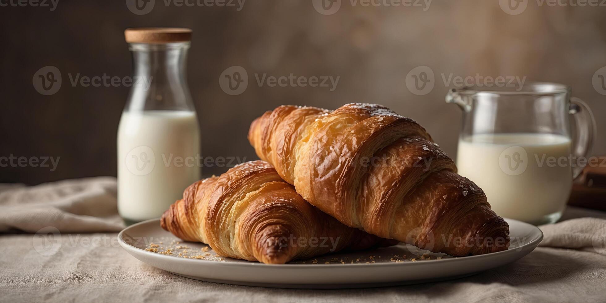 Two golden brown croissants are presented on a plate, accompanied by a bottle and a glass of milk, creating a simple yet appetizing breakfast scene. photo