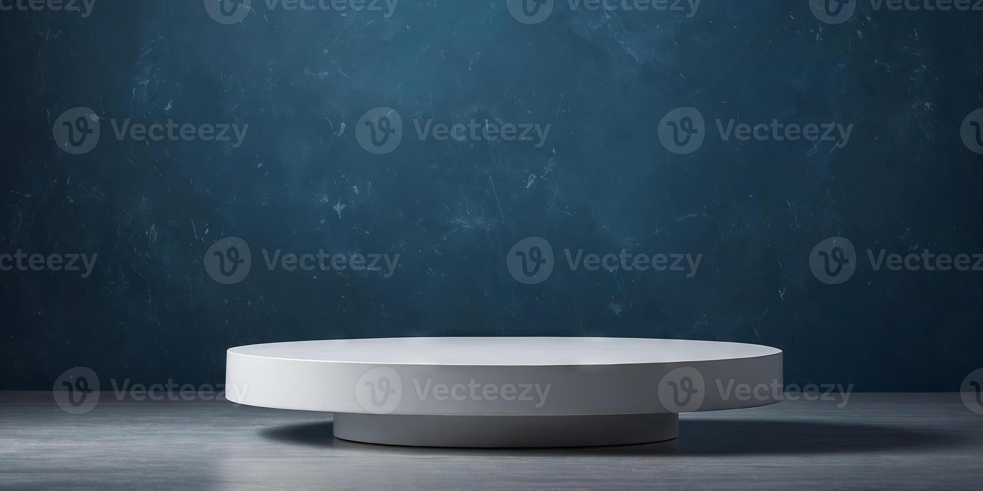 Round white empty platform on blue background with copy space for displaying product design. photo