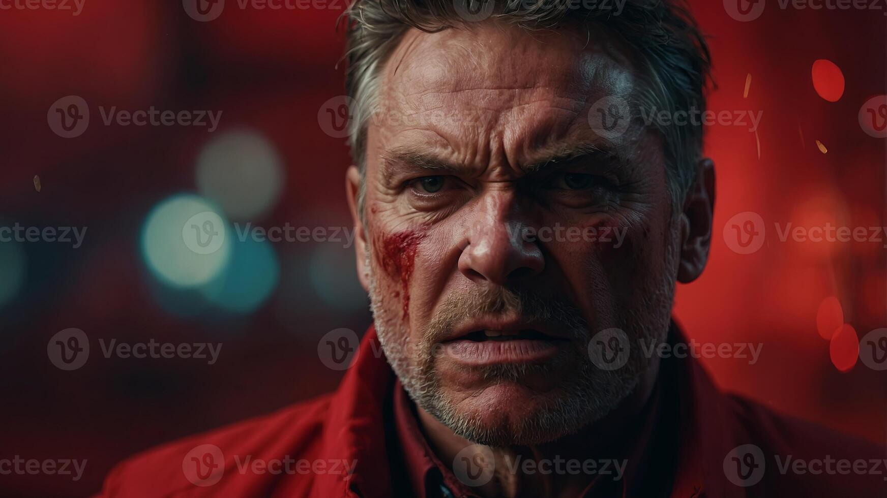 A man with a red background and a face full of anger. photo