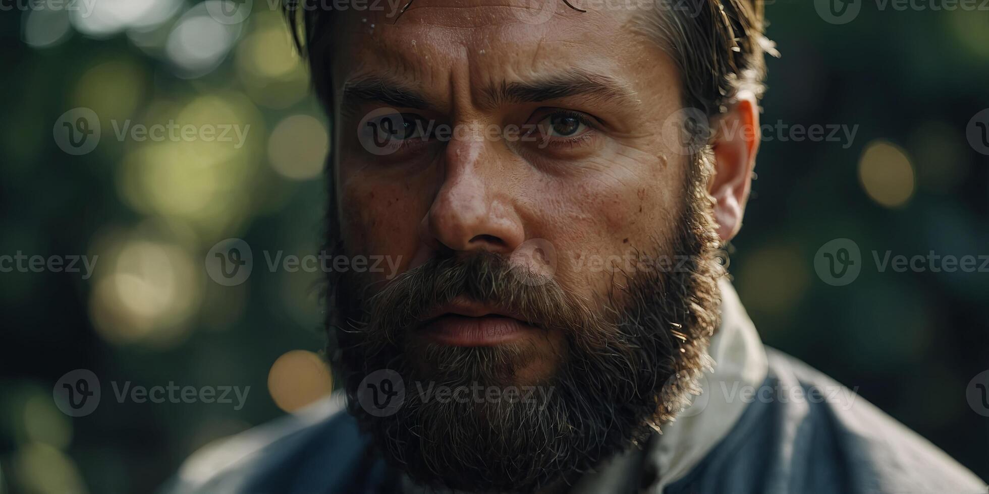 A man with a beard and sweat on his face. photo
