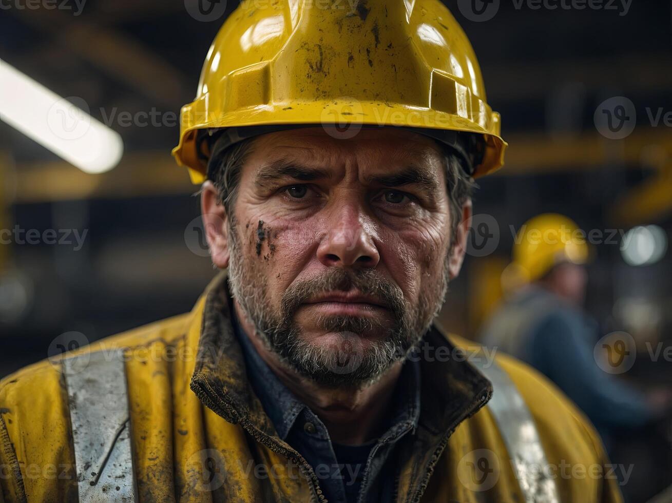A man with a dirty face and a yellow helmet He looks tired and dirty metal worker with protective workwear in steel mill,. photo